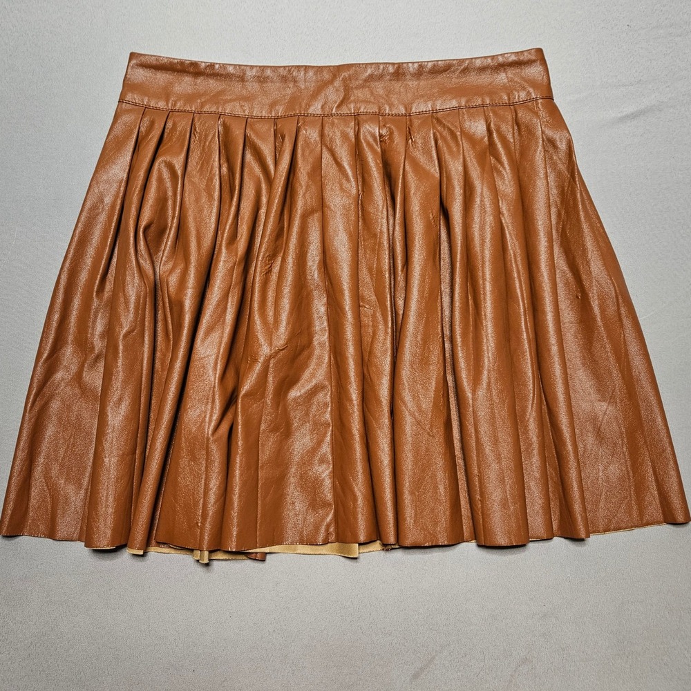 SHEIN Pleated Mini Skirt Petite M Brown Faux Leather High Waist Skater Edgy Chic